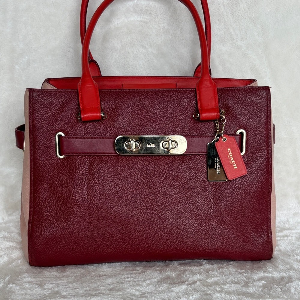 Coach Swagger Carryall Pebbled Leather Colorblock Satchel Shoulder Tote Burgundy